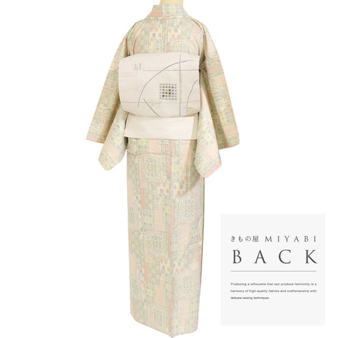 紬 リサイクル 身丈164.8cm 裄66cm 単衣 アイボリー Lサイズ お洒落 カジュアル しつけ糸 正絹 バチ衿 Sランク