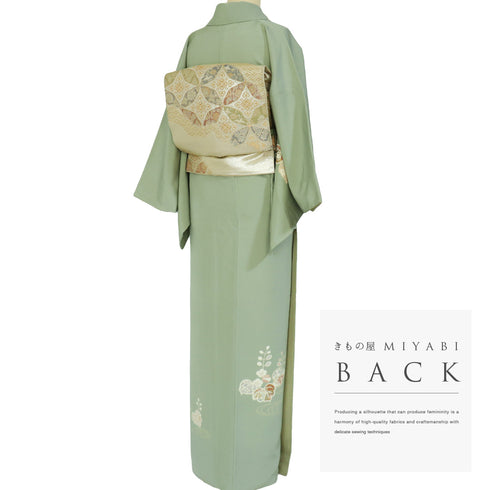 付下げ リサイクル 身丈158.2cm 裄64.4cm 袷 桐柄 観世水 金駒刺繍 箔加工 パールトーン加工 グリーン Mサイズ お洒落 正絹 広衿 Sランク