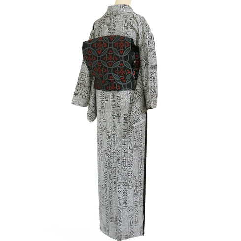 小紋 リサイクル 身丈163cm 裄66.8cm 袷 古代文字風柄 小原敏 グレー Lサイズ お洒落 カジュアル 正絹 広衿 Sランク