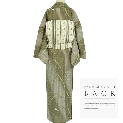 小紋 リサイクル 身丈168cm 裄70.5cm 単衣 トンボ柄 グリーン LLサイズ お洒落 ポリエステル 洗える着物 広衿 Sランク