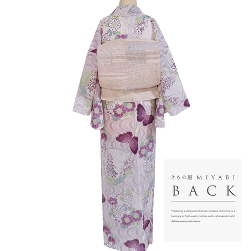 小紋 リサイクル 夏着物 身丈154.6cm 裄65.4cm 夏物 流水模様 花柄 蝶柄 薄物 ピンク Sサイズ お洒落 カジュアル ポリエステル 洗える着物 バチ衿 Sランク