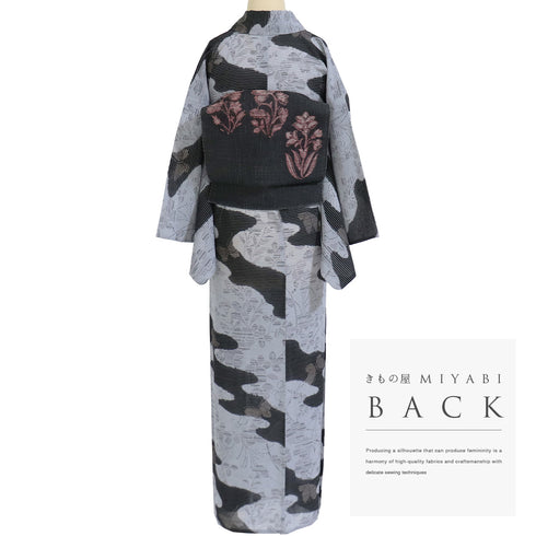 小紋 リサイクル 夏着物 身丈155.5cm 裄66cm 夏物 葉柄 霞に蝶柄 グレー Mサイズ カジュアル ポリエステル 洗える着物 広衿 Aランク