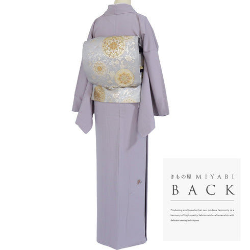 付下げ リサイクル 身丈163.5cm 裄69.6cm 袷 茶道具に花籠柄 刺繍 パープル Lサイズ お洒落 正絹 広衿 Sランク