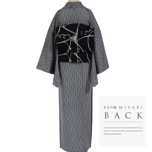 紬 リサイクル 身丈162.7cm 裄68cm 単衣 デザイン縞模様 グレー Lサイズ お洒落 正絹 広衿 Aランク