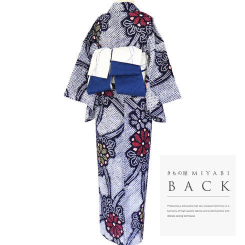 浴衣 リサイクル 夏着物 身丈152cm 裄63.6cm 夏物 絞り 菊柄 ネイビー Sサイズ カジュアル しつけ糸 木綿 洗える着物 バチ衿 Bランク