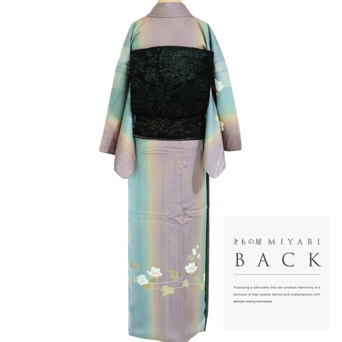 付下げ リサイクル 身丈158.4cm 裄66.2cm 袷 花柄 部分刺繍 縦ぼかし パープル Mサイズ お洒落 正絹 広衿 Bランク