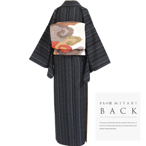 小紋 リサイクル 身丈167.6cm 裄66.8cm 袷 ストライプ柄 既製品 ブラック LLサイズ お洒落 カジュアル ポリエステル 洗える着物 広衿 Sランク