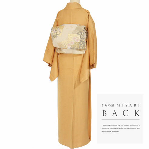 色無地 リサイクル 身丈154.6cm 裄63.2cm 袷 花唐草に桐柄 オレンジ Sサイズ お洒落 正絹 広衿 地紋あり Sランク