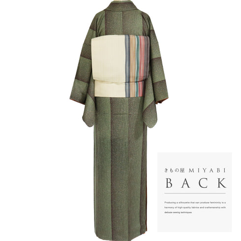 小紋 リサイクル 身丈158.3cm 裄64.6cm 袷 縞にたたき模様 お洒落八掛 グリーン Mサイズ お洒落 しつけ糸 正絹 広衿 Sランク