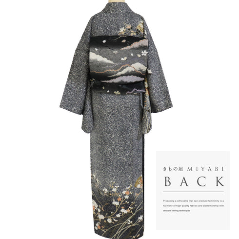 訪問着 リサイクル 身丈157cm 裄69.4cm 袷 たたき総柄地 箔 花柄 ブラック Mサイズ セミフォーマル 正絹 広衿 Sランク