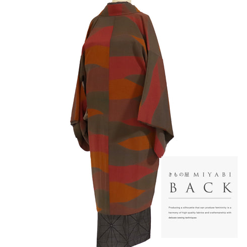 道中着 リサイクル 身丈103cm 裄64.4cm 袷 ロング丈 抽象柄 バチ衿 ブラウン Sサイズ カジュアル 正絹 Sランク