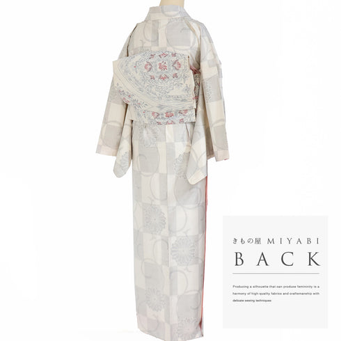 紬 リサイクル 身丈163.7cm 裄67.9cm 袷 市松模様 菊唐草 ベージュ Lサイズ お洒落 カジュアル 正絹 広衿 Bランク