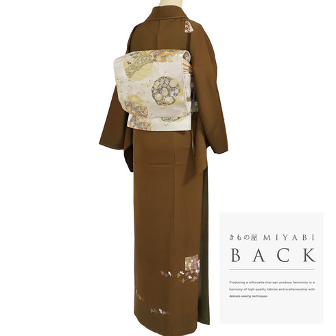 付下げ リサイクル 身丈160.3cm 裄66cm 袷 源氏香に萩柄 金駒刺繡 箔 ブラウン Mサイズ お洒落 正絹 広衿 Sランク