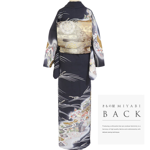 訪問着 リサイクル 身丈165cm 裄68cm 袷 花や松柄 金駒刺繍 箔 グレー Lサイズ セミフォーマル フォーマル しつけ糸 正絹 広衿 Sランク