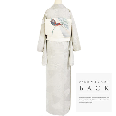 小紋 リサイクル 身丈169cm 裄66.6cm 袷 裂取り柄 お召し 地紋 ベージュ LLサイズ お洒落 正絹 広衿 Sランク