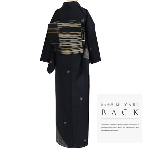 付下げ リサイクル 身丈151.3cm 裄62.6cm 袷 紬 小紋寄せ柄 染め ブラック Sサイズ お洒落 正絹 広衿 Sランク