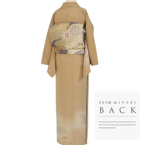 訪問着 リサイクル 身丈155.3cm 裄66.8cm 袷 霞に鳳凰や組紐柄 汕頭刺繍 ブラウン Sサイズ セミフォーマル 一つ紋 正絹 広衿 Aランク