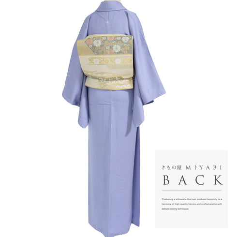 色無地 リサイクル 身丈164cm 裄63.4cm 袷 パープル Lサイズ セミフォーマル 一つ紋 しつけ糸 正絹 広衿 地紋あり Sランク