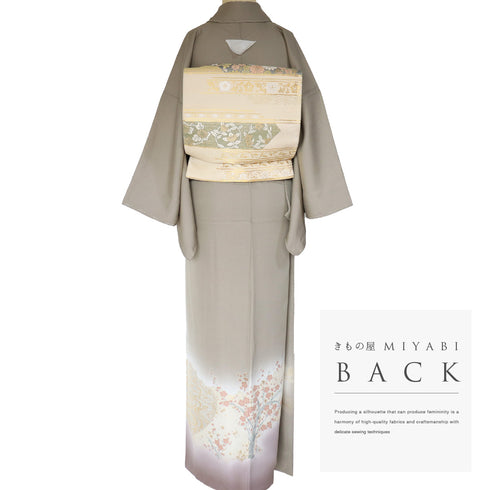 色留袖 リサイクル 身丈163.5cm 裄66cm 袷 観世水に白梅・紅梅柄 織り出し模様 比翼無し グレー Lサイズ 一つ紋 しつけ糸 正絹 広衿 Sランク