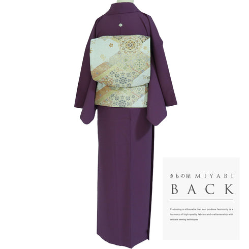 色無地 リサイクル 身丈161.2cm 裄65cm 袷 パープル Lサイズ セミフォーマル お洒落 一つ紋 ポリエステル 洗える着物 バチ衿 地紋なし Sランク