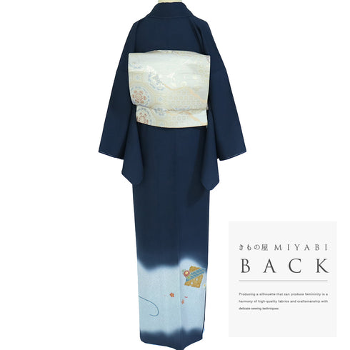 付下げ リサイクル 身丈165.8cm 裄66.6cm 袷 色紙に菊や梅柄 箔 松井青々 ネイビー LLサイズ お洒落 落款 しつけ糸 正絹 広衿 Sランク