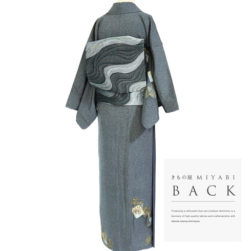 付下げ リサイクル 身丈159.5cm 裄66.4cm 袷 ゆったりサイズ 色紙模様 花柄 刺繍 箔加工 グレー Mサイズ セミフォーマル お洒落 しつけ糸 正絹 広衿 Sランク