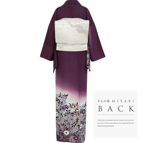 訪問着 リサイクル 身丈161cm 裄64cm 袷 辻ヶ花模様 後絞り 箔加工 松本孝美作 パープル Lサイズ お洒落 落款 しつけ糸 正絹 広衿 Sランク