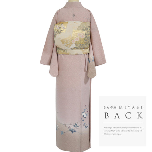 訪問着 リサイクル 身丈156.5cm 裄64.4cm 袷 花枝柄 ピンク Mサイズ セミフォーマル 一つ紋 正絹 広衿 Sランク