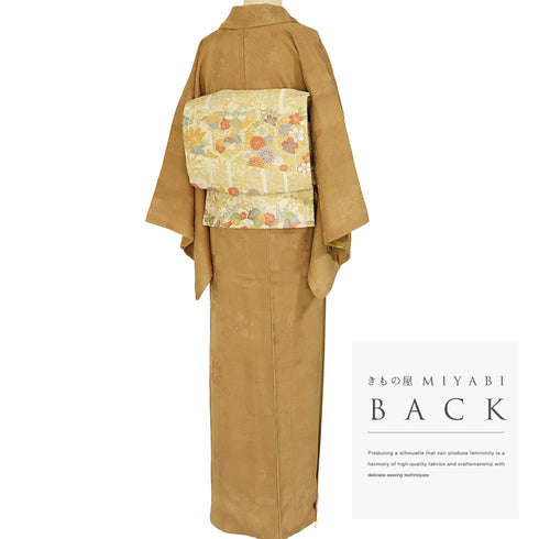 色無地 リサイクル 身丈153cm 裄62.4cm 袷 アンティーク デザイン格子・花模様 ブラウン Sサイズ お洒落 正絹 広衿 地紋あり Bランク