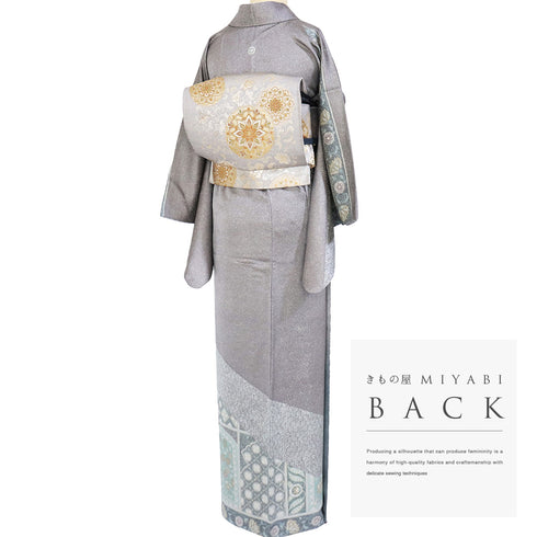 訪問着 身丈163.5cm 裄64.4cm 袷 オリエンタル柄 グレー Lサイズ セミフォーマル お洒落 正絹 広衿 Sランク