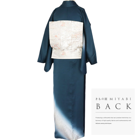 付下げ リサイクル 身丈170.8cm 裄68.4cm 袷 鳳凰に花唐草柄 地紋 箔 金彩 螺鈿風 ネイビー LLサイズ お洒落 正絹 広衿 Sランク