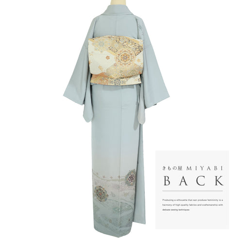 訪問着 リサイクル 身丈159.2cm 裄64.4cm 袷 華文柄 汕頭刺繍 グレー Mサイズ セミフォーマル お洒落 正絹 広衿 Sランク
