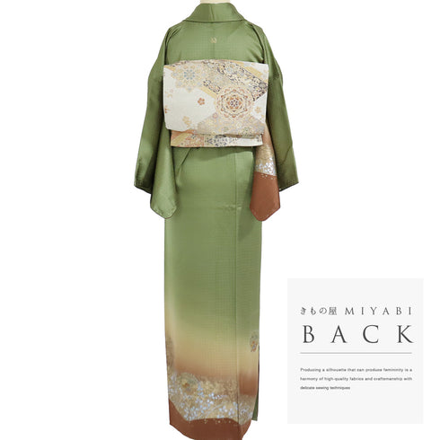 訪問着 リサイクル 身丈162cm 裄64.8cm 袷 雪輪柄 花柄 金彩加工 汕頭刺繍 地紋あり グリーン Lサイズ フォーマル セミフォーマル 一つ紋 正絹 広衿 Sランク