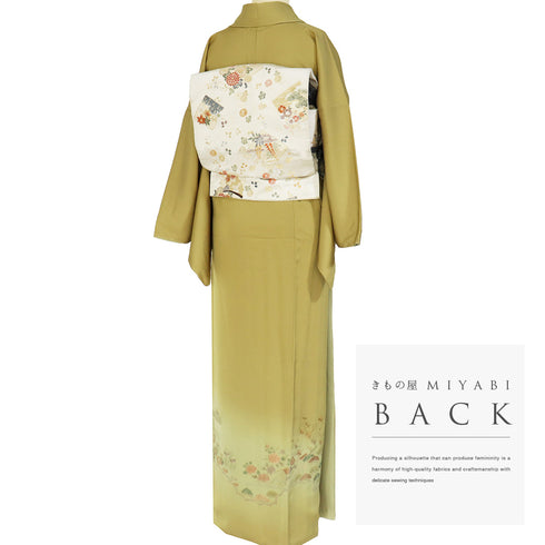 訪問着 リサイクル 身丈168.2cm 裄68cm 袷 風景柄 草花柄 汕頭刺繍 グリーン LLサイズ セミフォーマル お洒落 正絹 広衿 Sランク