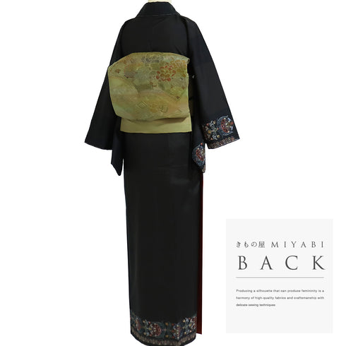 付下げ リサイクル 身丈162cm 裄64.6cm 袷 付下げ訪問着 紬 汕頭刺繍 相良刺繍 オリエンタル柄 ブラック Lサイズ お洒落 正絹 広衿 Sランク