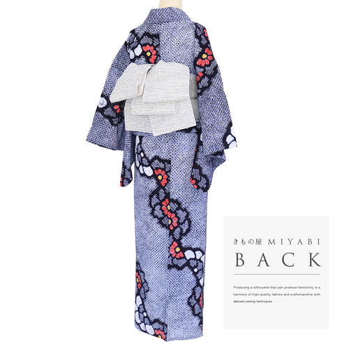 浴衣 リサイクル 夏着物 身丈156cm 裄64cm 夏物 絞り 花柄 ネイビー Mサイズ カジュアル お洒落 木綿 洗える着物 バチ衿 Aランク