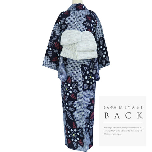 浴衣 リサイクル 夏着物 身丈141cm 裄62.8cm 夏物 絞り ジュニアサイズ ネイビー 規格外サイズ カジュアル 木綿 洗える着物 バチ衿 Sランク