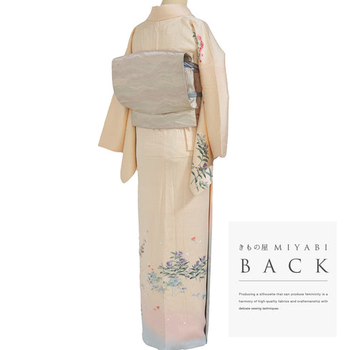 訪問着 リサイクル 身丈159.3cm 裄64.8cm 袷 花柄 地紋 ベージュ Mサイズ セミフォーマル お洒落 正絹 広衿 Sランク