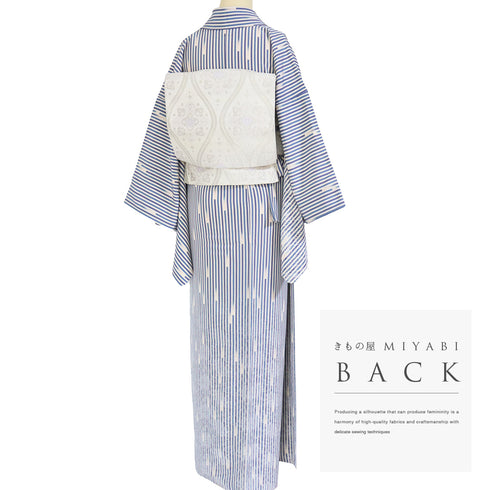 訪問着 リサイクル 身丈161.8cm 裄65.6cm 袷 ゆったりサイズ 花唐草模様 デザイン縞模様 ブルー Lサイズ お洒落 正絹 広衿 Sランク