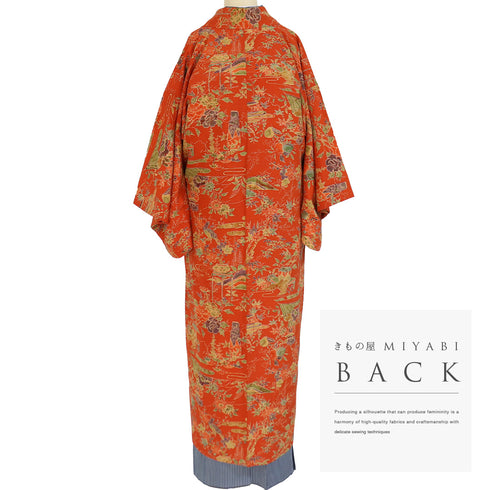 道中着 リサイクル 身丈131.2cm 裄64.8cm 袷 ロング丈 花や鳥柄 オレンジ Mサイズ お洒落 正絹 Sランク