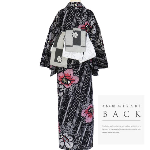 浴衣 リサイクル 夏着物 身丈153cm 裄68cm 夏物 有松鳴海本絞り 斜めに縞にハイビスカス模様 ブラック Sサイズ カジュアル 木綿 洗える着物 バチ衿 Sランク