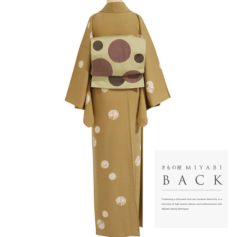 小紋 リサイクル 身丈157.6cm 裄66.4cm 袷 丸に花柄 イエロー Mサイズ お洒落 カジュアル 正絹 広衿 Aランク