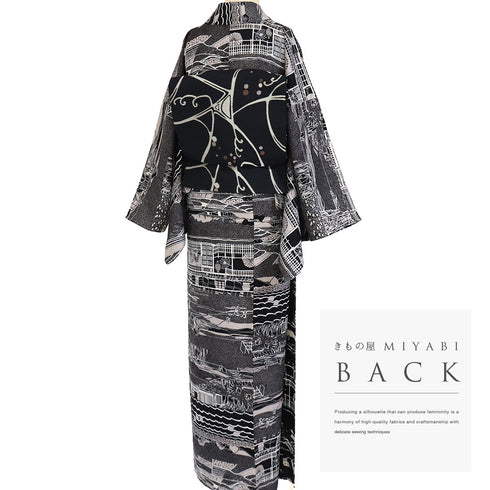 小紋 リサイクル 身丈166cm 裄70.8cm 単衣 和の景色 小原敏 作家物 ブラック LLサイズ お洒落 カジュアル 落款 正絹 広衿 Sランク