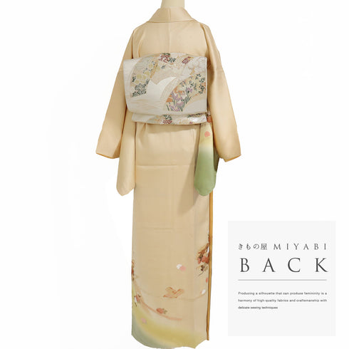 付下げ リサイクル 身丈159.5cm 裄66.4cm 袷 扇子や菊柄 金駒刺繍 箔 ゆったりサイズ オレンジ Mサイズ セミフォーマル お洒落 正絹 広衿 Sランク