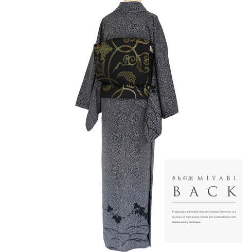 訪問着 リサイクル 身丈163.5cm 裄68.4cm 袷 ひょうたん模様 たたき染め 岸上純平 ブラック Lサイズ お洒落 落款 しつけ糸 正絹 広衿 Sランク