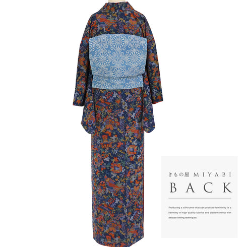 小紋 リサイクル 身丈162cm 裄64.3cm 袷 花唐草柄 鳳凰柄 ネイビー Lサイズ カジュアル お洒落 正絹 広衿 Sランク