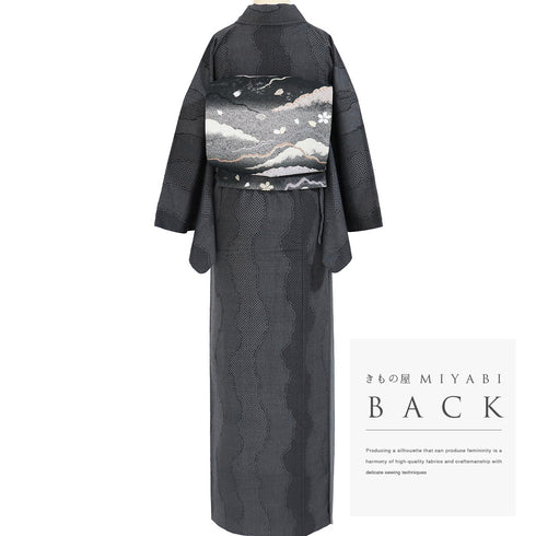 結城紬 リサイクル 身丈171cm 裄68.4cm 袷 ゆったりサイズ 百亀甲絣柄 奥順製 ブラック LLサイズ カジュアル お洒落 証紙 正絹 広衿 Sランク