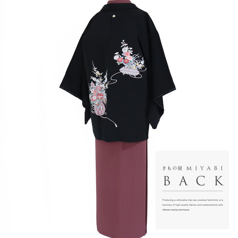 黒羽織 リサイクル 身丈78.3cm 裄64cm 袷 花籠柄 箔 ブラック Sサイズ フォーマル セミフォーマル 一つ紋 しつけ糸 正絹 Sランク