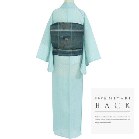 小紋 リサイクル 夏着物 身丈156.7cm 裄65cm 絽 デザイン扇子柄 グリーン Mサイズ お洒落 ポリエステル 洗える着物 バチ衿 Sランク