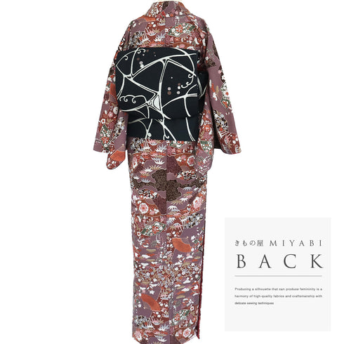 小紋 リサイクル 身丈165cm 裄67.5cm 袷 雲取り扇面に辻が花模様 パープル Lサイズ お洒落 カジュアル ポリエステル 洗える着物 広衿 Sランク